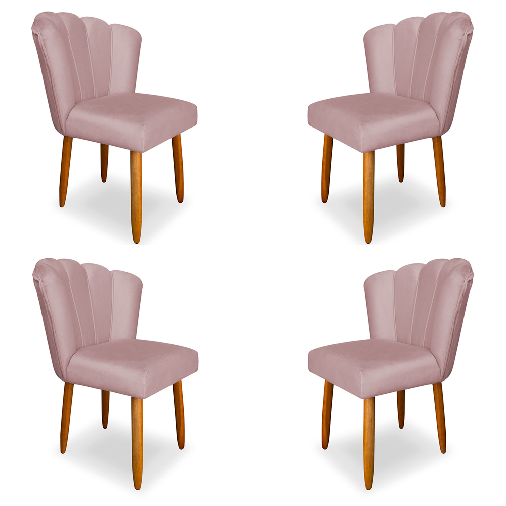 Kit 4 Cadeiras de Jantar Pétala Estofada Pés Palito Veludo Rosê Claro - Montanaris Decor