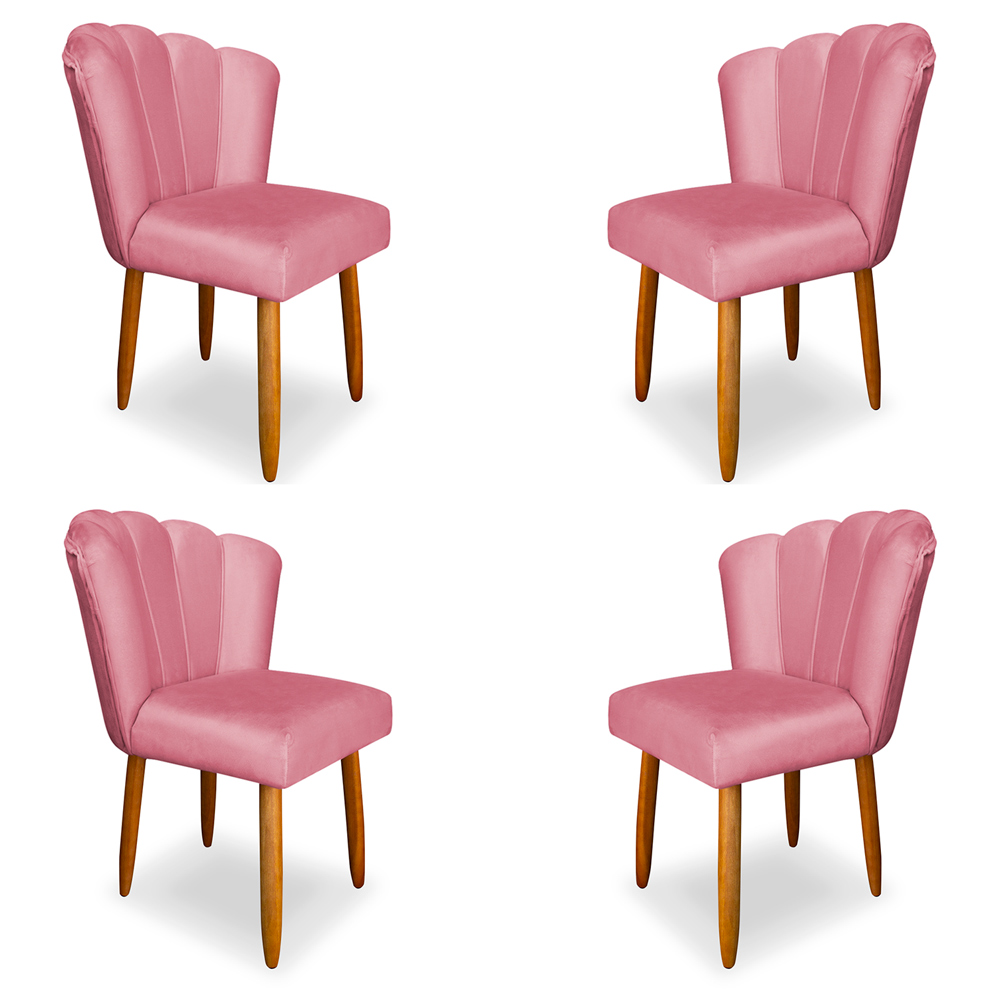 Kit 4 Cadeiras de Jantar Pétala Estofada Pés Palito Veludo Rosa - Montanaris Decor