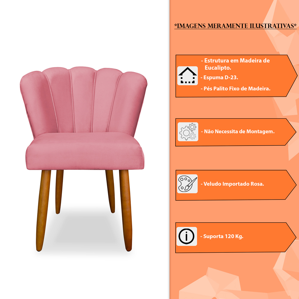 Kit 4 Cadeiras de Jantar Pétala Estofada Pés Palito Veludo Rosa - Montanaris Decor