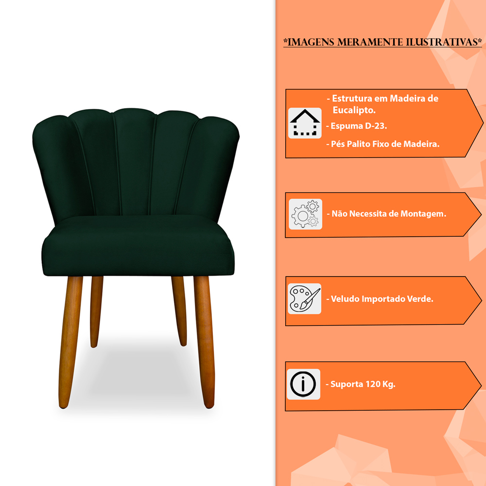 Kit 4 Cadeiras de Jantar Pétala Estofada Pés Palito Veludo Verde - Montanaris Decor