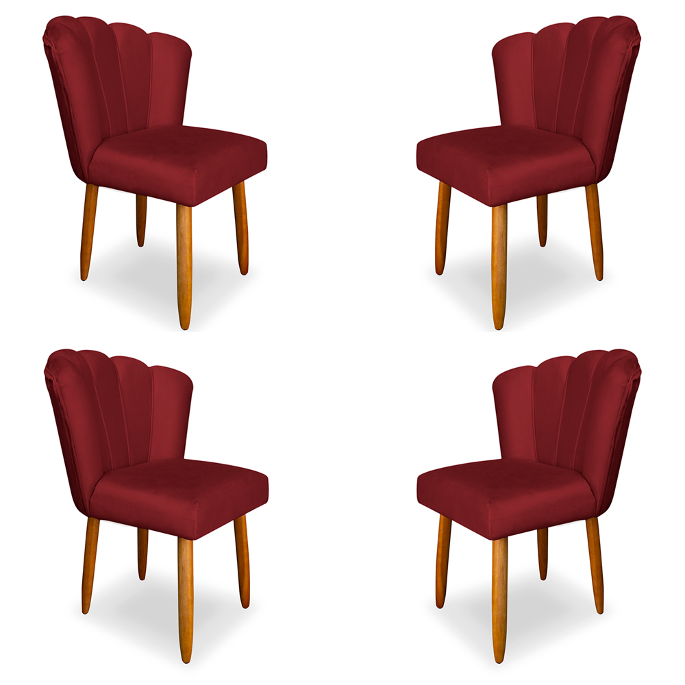 Kit 4 Cadeiras de Jantar Pétala Estofada Pés Palito Veludo Vermelho - Montanaris Decor
