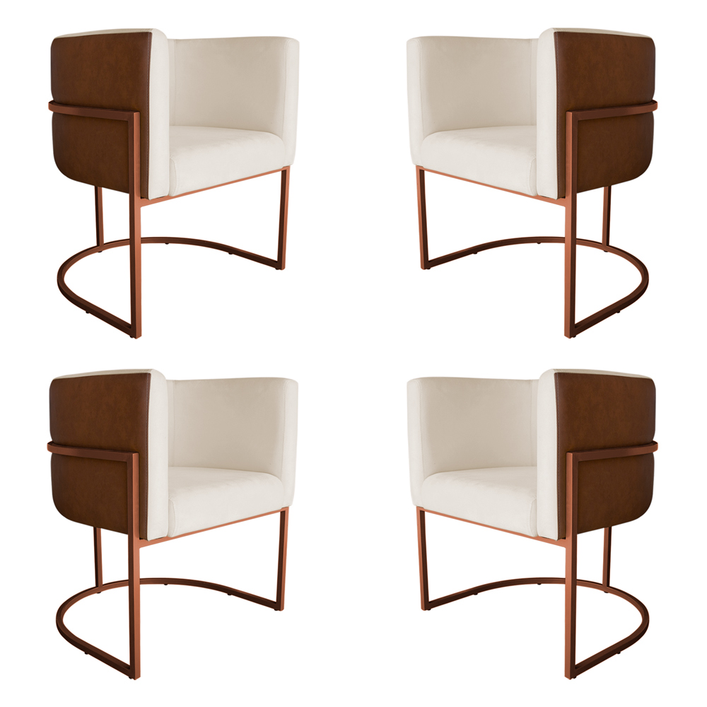 Kit 4 Poltronas Decorativa Cristal Base Bronze Veludo Bege/Pu Caramelo - Montanaris Decor