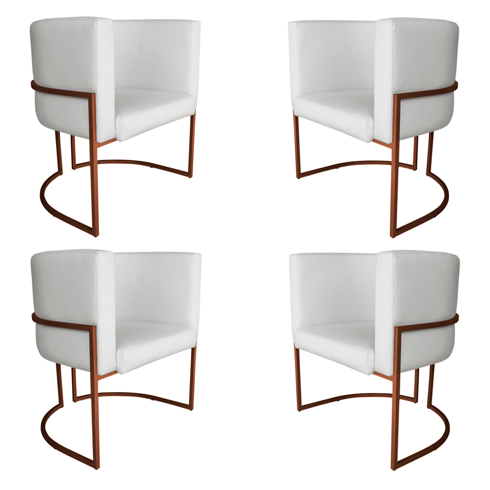 Kit 4 Poltronas Decorativa Luana Base Bronze PU Branco - Montanaris Decor