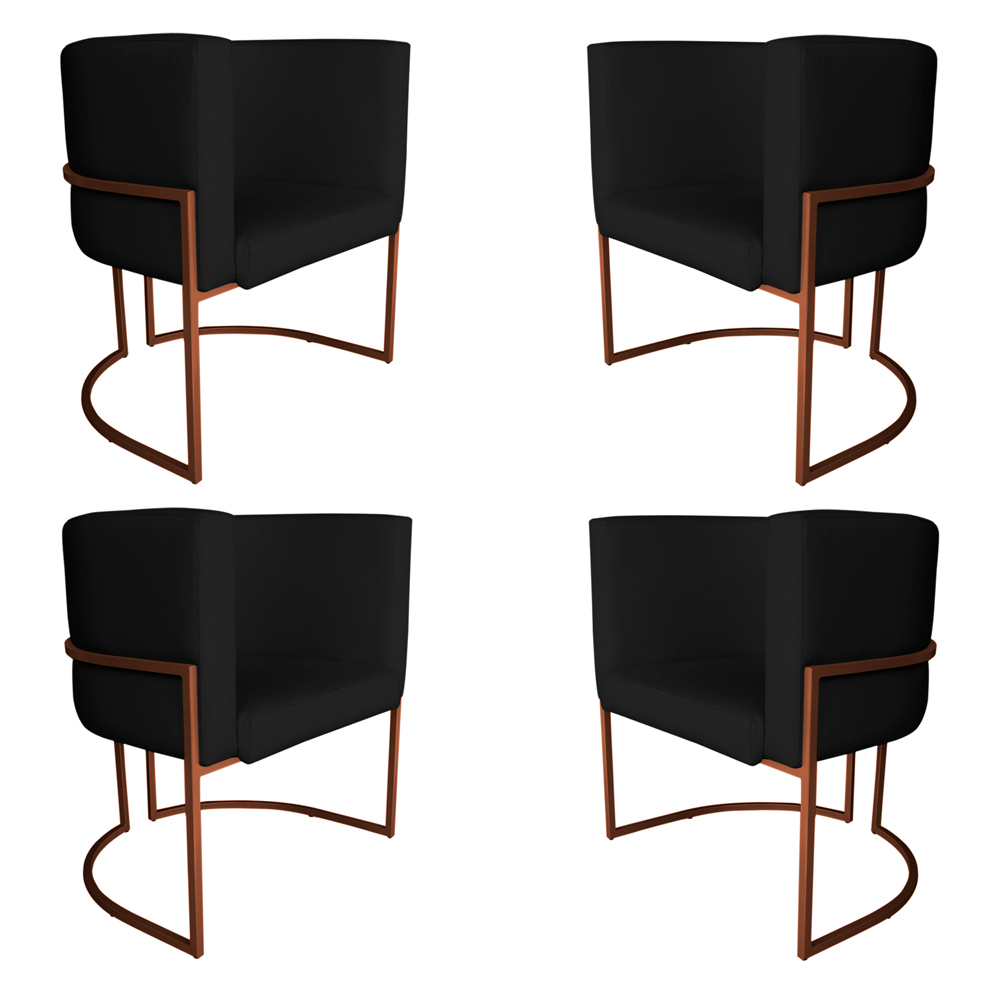 Kit 4 Poltronas Decorativa Luana Base Bronze PU Preto - Montanaris Decor