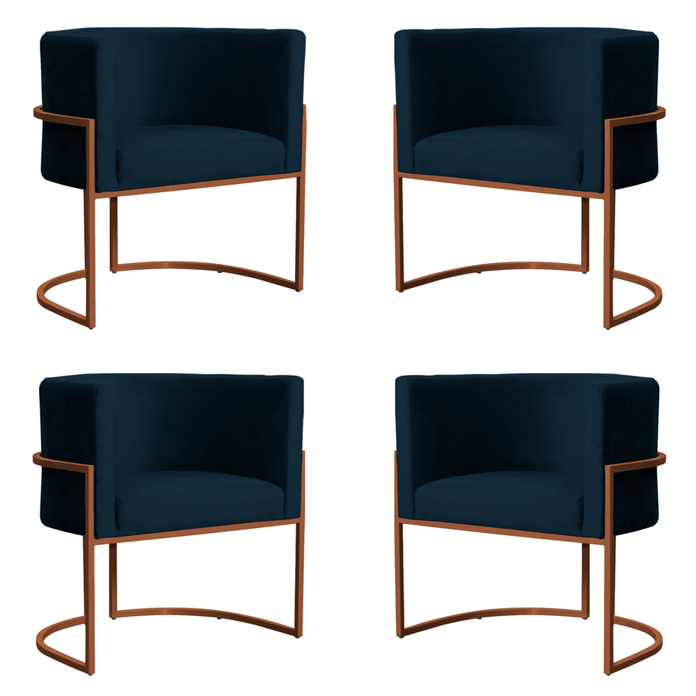 Kit 4 Poltronas Decorativa Luana Base Bronze Veludo Azul Marinho - Montanaris Decor