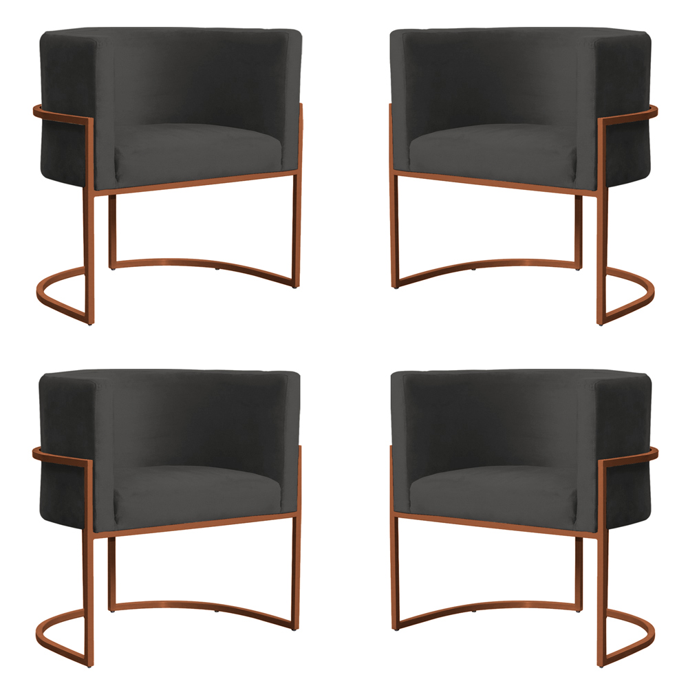 Kit 4 Poltronas Decorativa Luana Base Bronze Veludo Cinza - Montanaris Decor