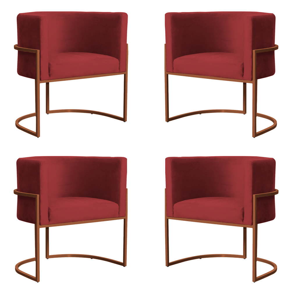 Kit 4 Poltronas Decorativa Luana Base Bronze Veludo Vermelho - Montanaris Decor