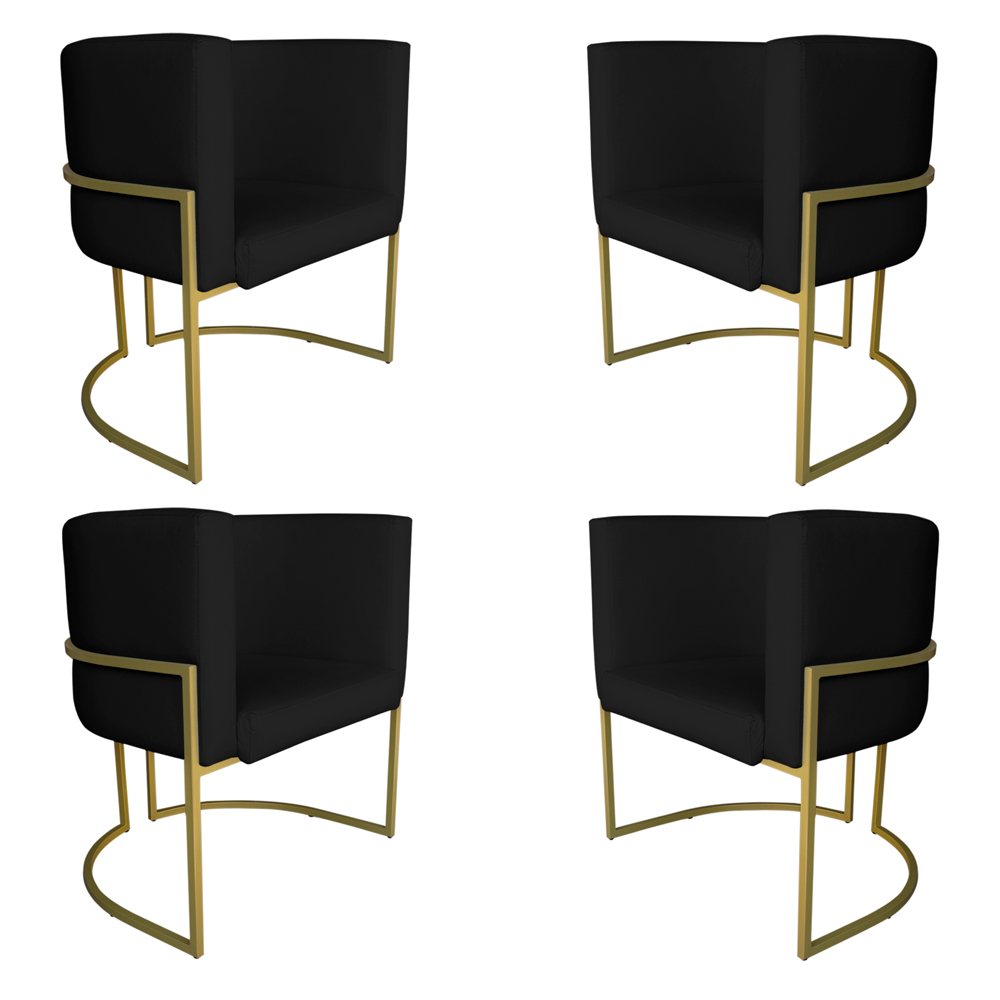 Kit 4 Poltronas Decorativa Luana Base Gold PU Preto - Montanaris Decor
