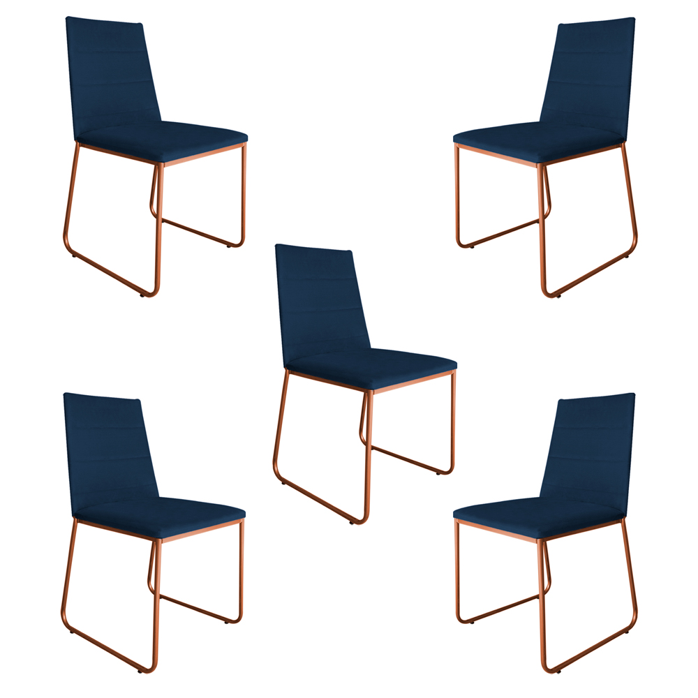 Kit 5 Cadeiras de Jantar Estofada Lille Base Bronze Veludo Azul Marinho - Montanaris Decor