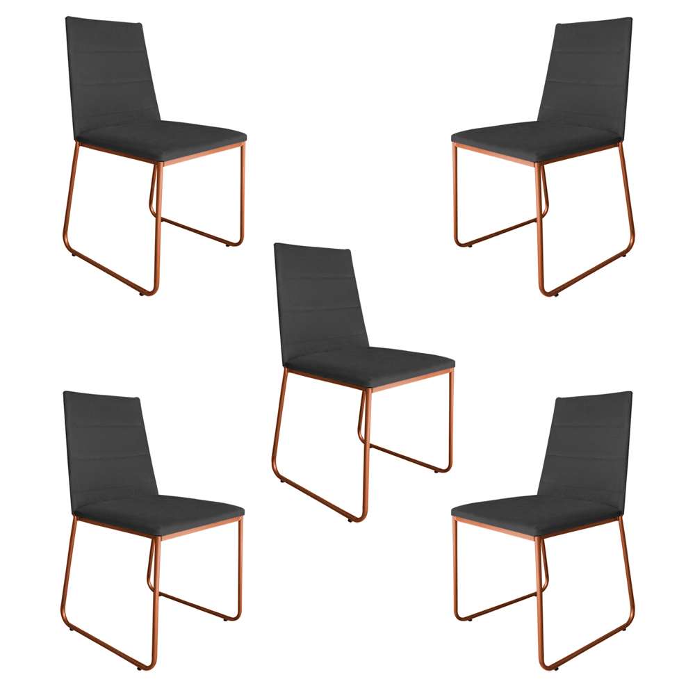 Kit 5 Cadeiras de Jantar Estofada Lille Base Bronze Veludo Cinza - Montanaris Decor