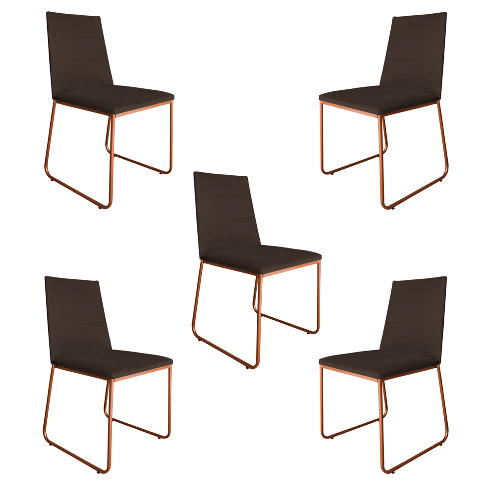 Kit 5 Cadeiras de Jantar Estofada Lille Base Bronze Veludo Marrom - Montanaris Decor