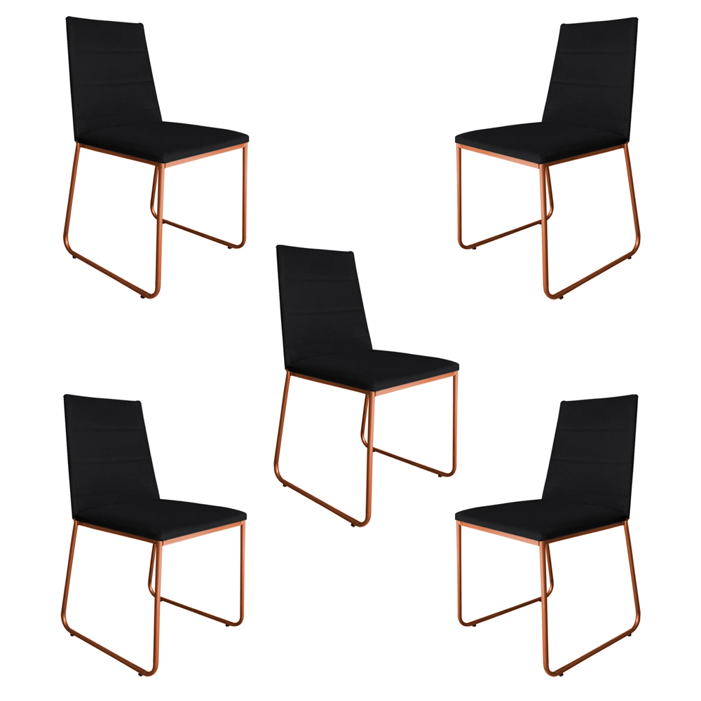 Kit 5 Cadeiras de Jantar Estofada Lille Base Bronze Veludo Preto - Montanaris Decor