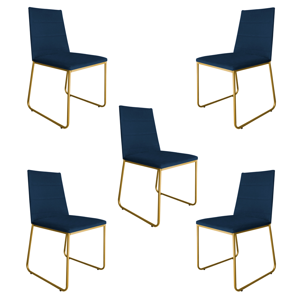 Kit 5 Cadeiras de Jantar Estofada Lille Base Gold Veludo Azul Marinho - Montanaris Decor