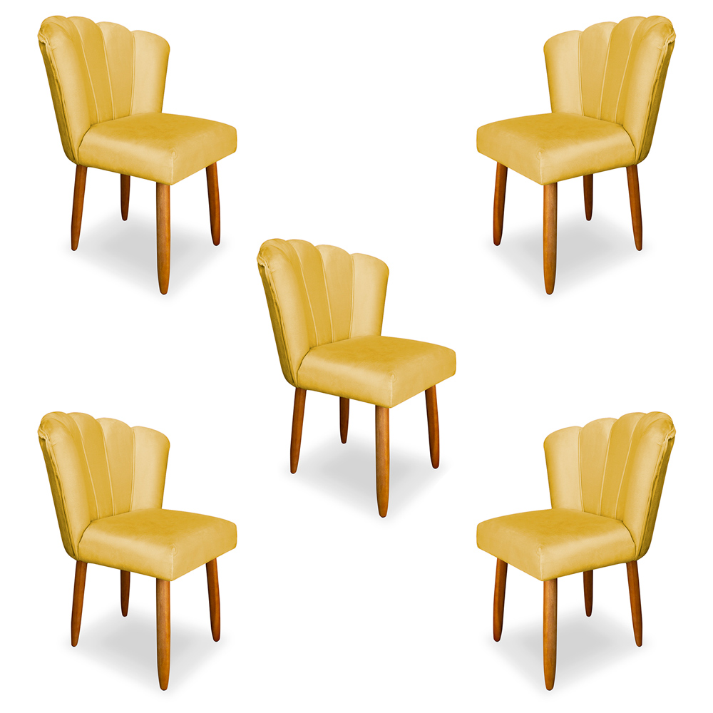 Kit 5 Cadeiras de Jantar Pétala Estofada Pés Palito Veludo Amarelo - Montanaris Decor