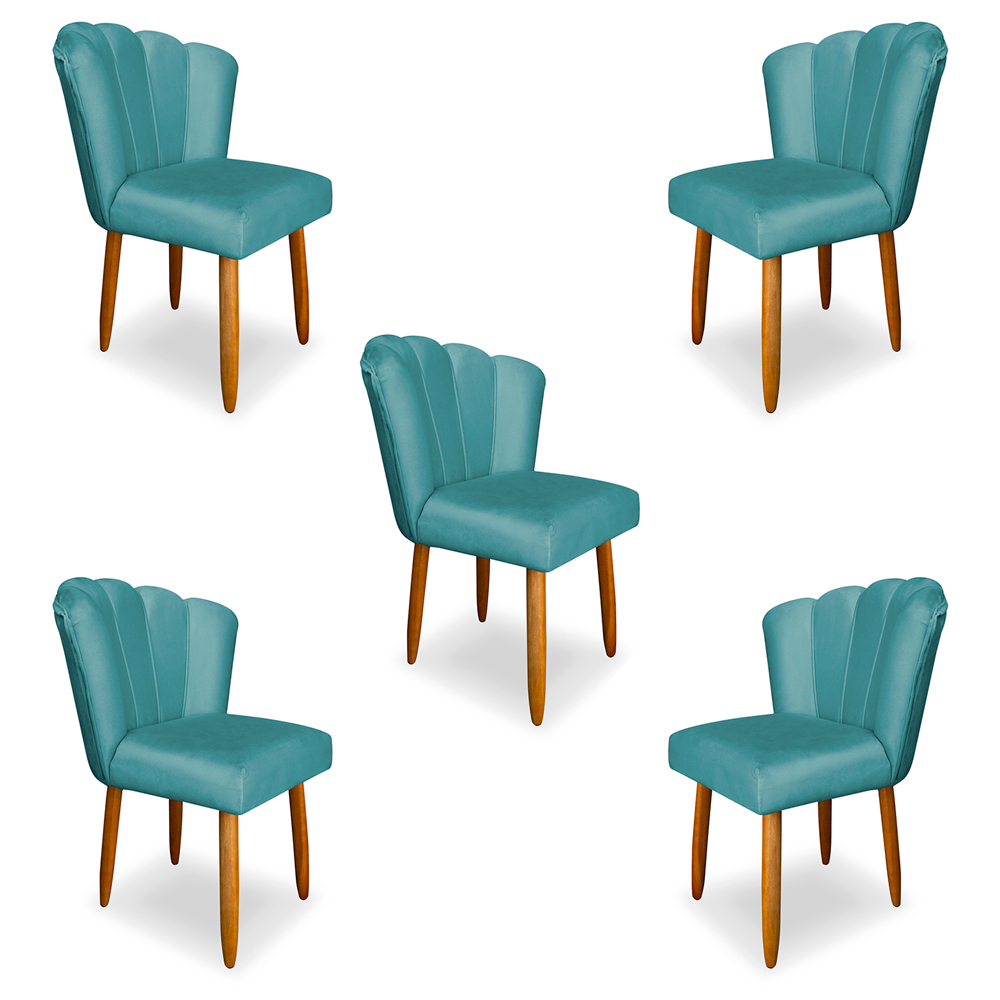 Kit 5 Cadeiras de Jantar Pétala Estofada Pés Palito Veludo Azul Turquesa - Montanaris Decor