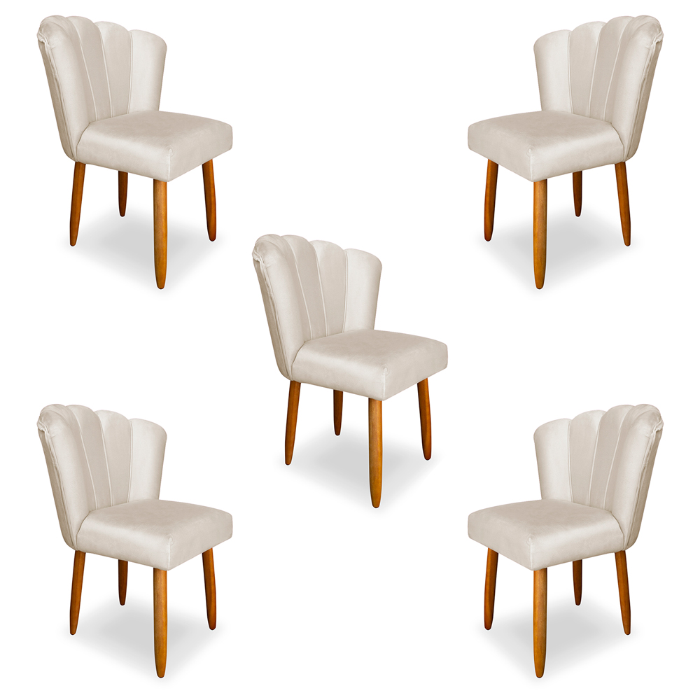Kit 5 Cadeiras de Jantar Pétala Estofada Pés Palito Veludo Bege - Montanaris Decor