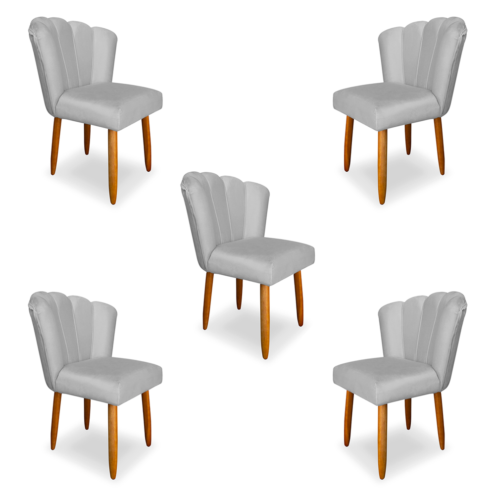 Kit 5 Cadeiras de Jantar Pétala Estofada Pés Palito Veludo Cinza - Montanaris Decor