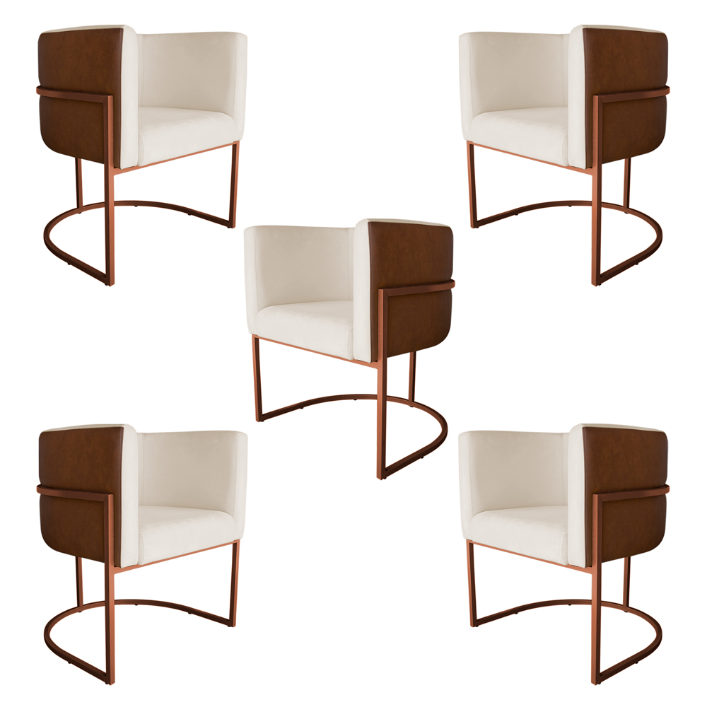 Kit 5 Poltronas Decorativa Cristal Base Bronze Veludo Bege/Pu Caramelo - Montanaris Decor