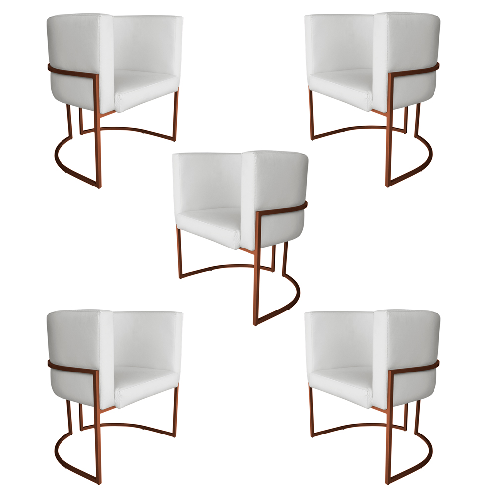 Kit 5 Poltronas Decorativa Luana Base Bronze PU Branco - Montanaris Decor