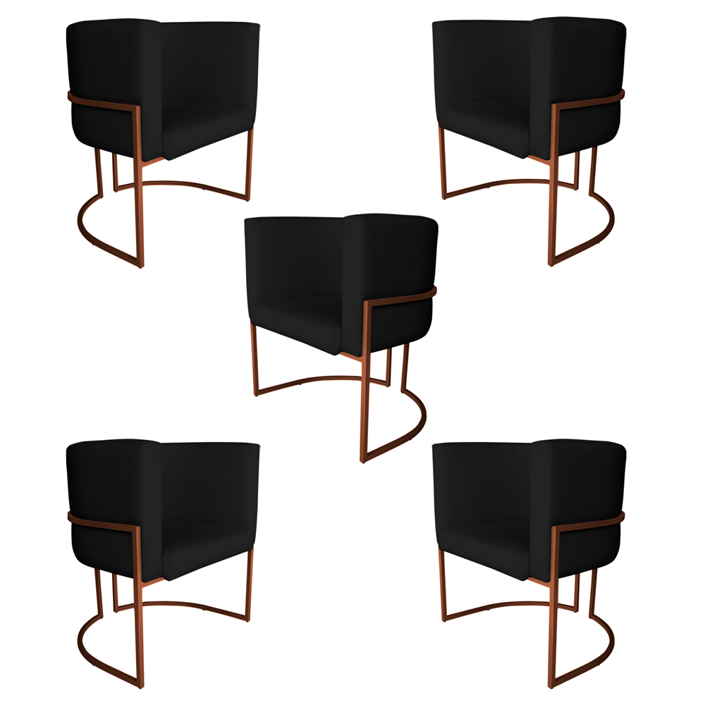Kit 5 Poltronas Decorativa Luana Base Bronze PU Preto - Montanaris Decor