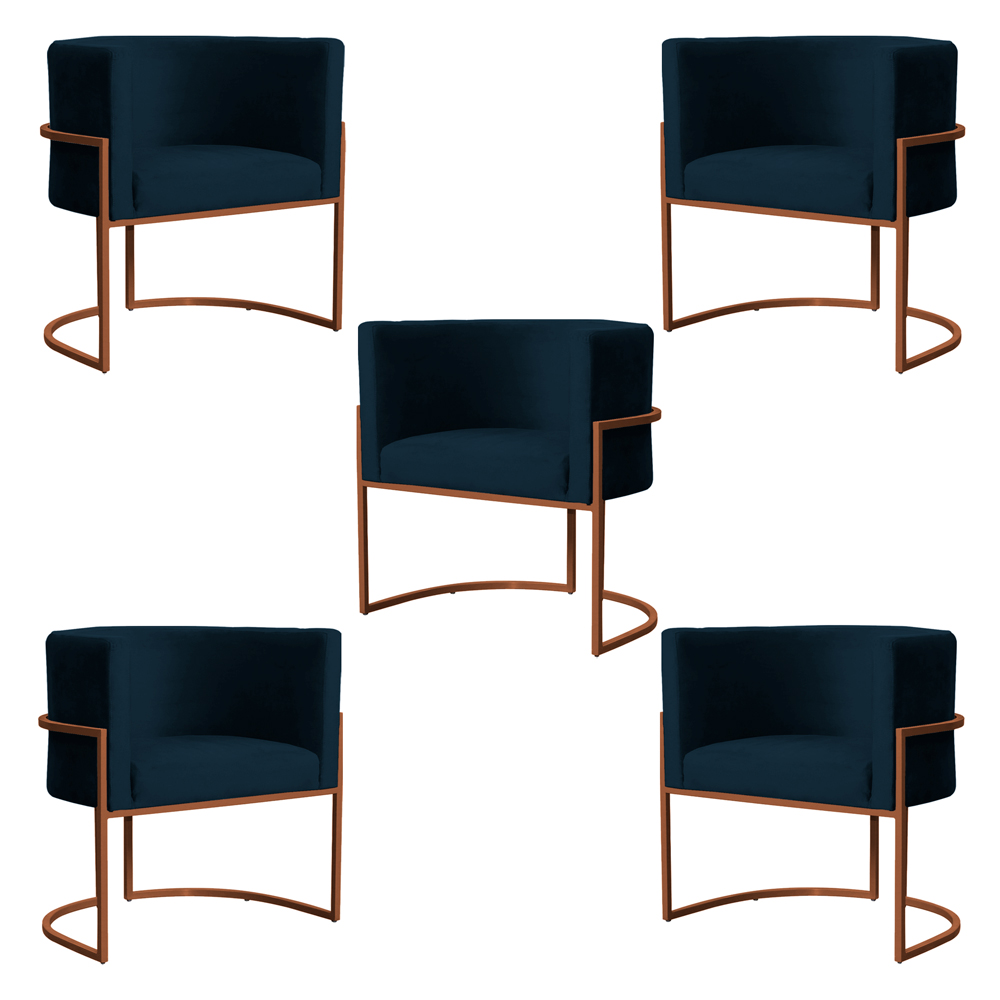 Kit 5 Poltronas Decorativa Luana Base Bronze Veludo Azul Marinho - Montanaris Decor
