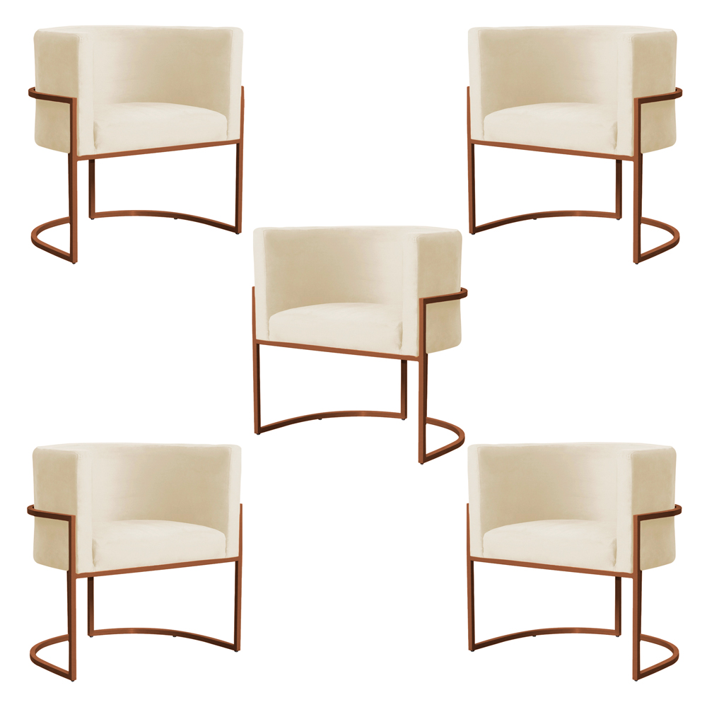 Kit 5 Poltronas Decorativa Luana Base Bronze Veludo Bege - Montanaris Decor