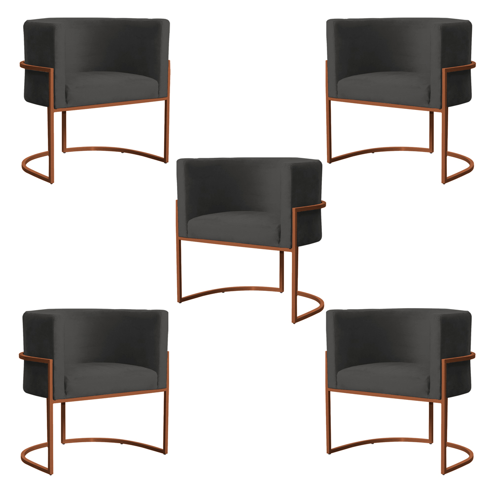 Kit 5 Poltronas Decorativa Luana Base Bronze Veludo Cinza - Montanaris Decor
