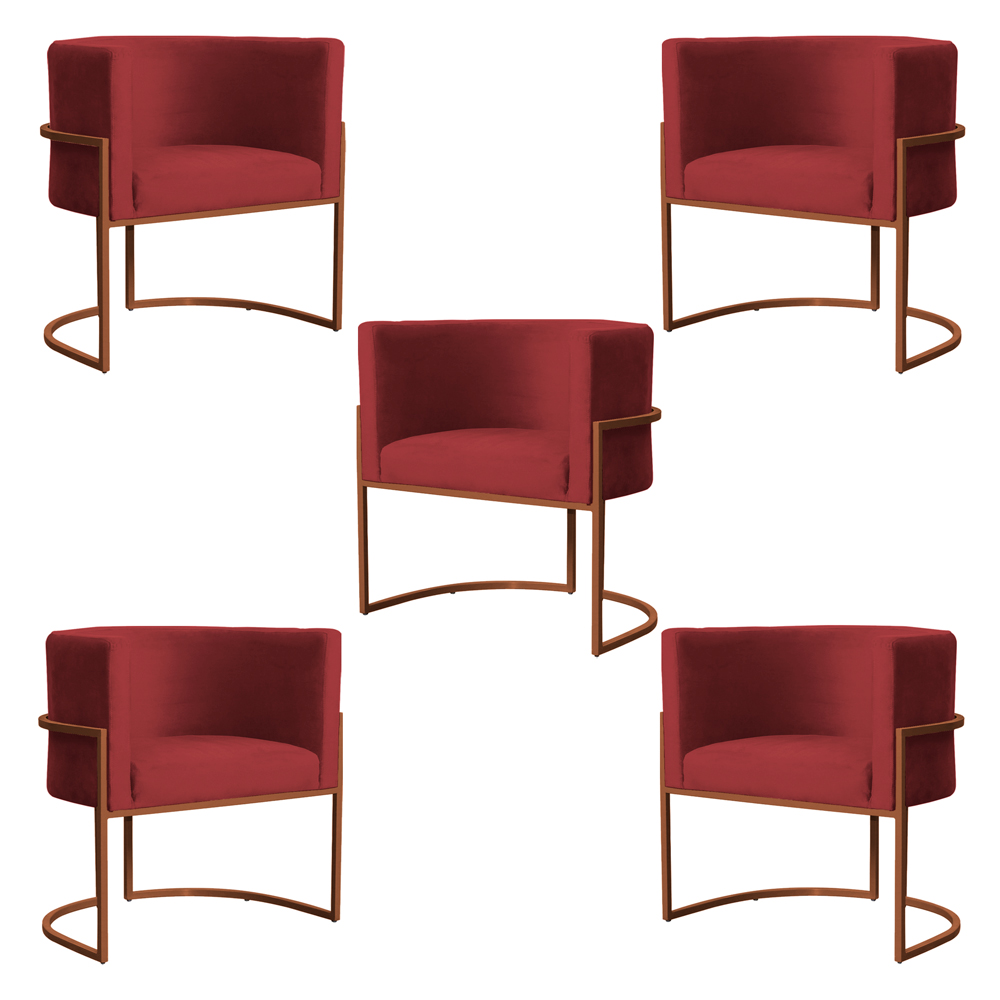 Kit 5 Poltronas Decorativa Luana Base Bronze Veludo Vermelho - Montanaris Decor