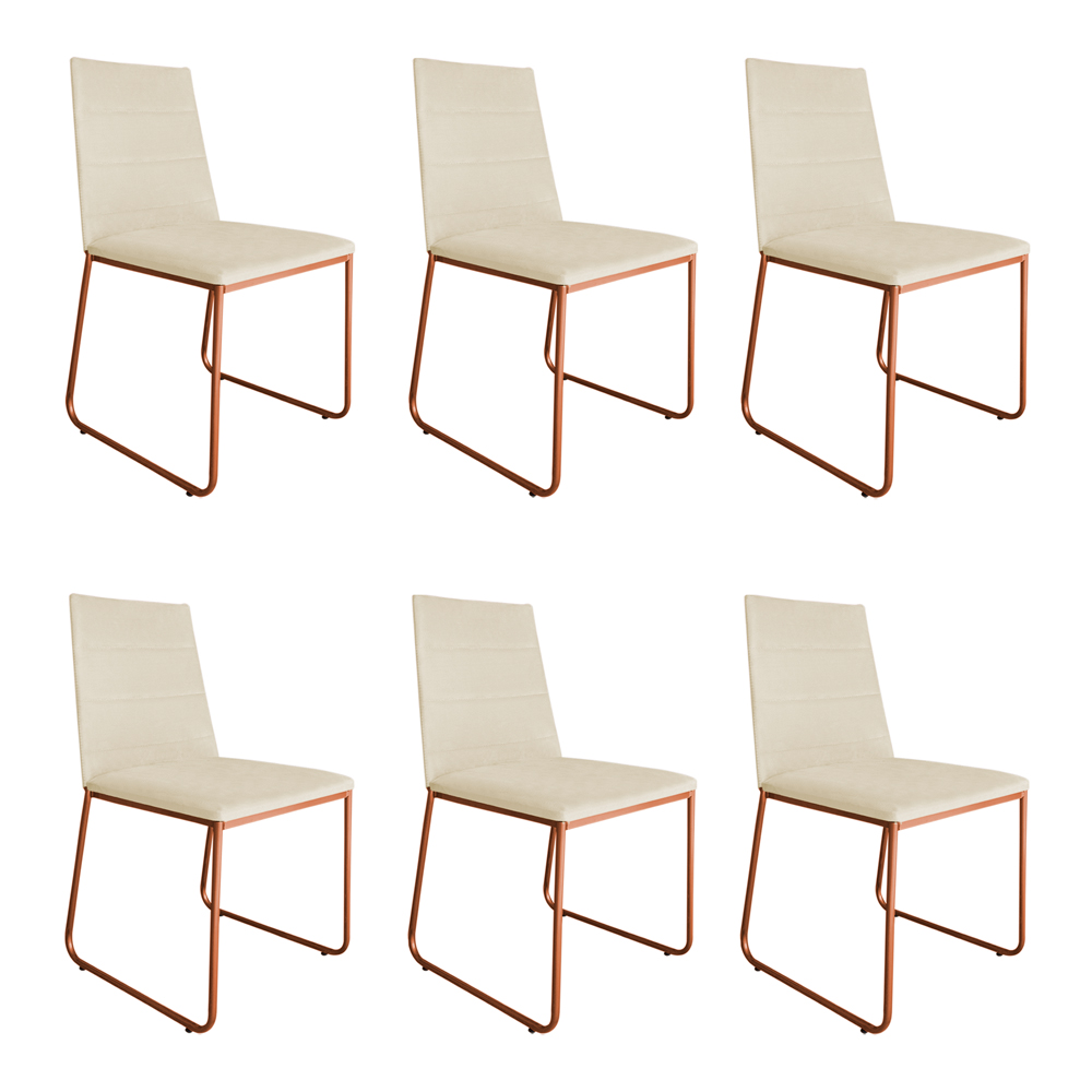 Kit 6 Cadeiras de Jantar Estofada Lille Base Bronze Veludo Bege - Montanaris Decor
