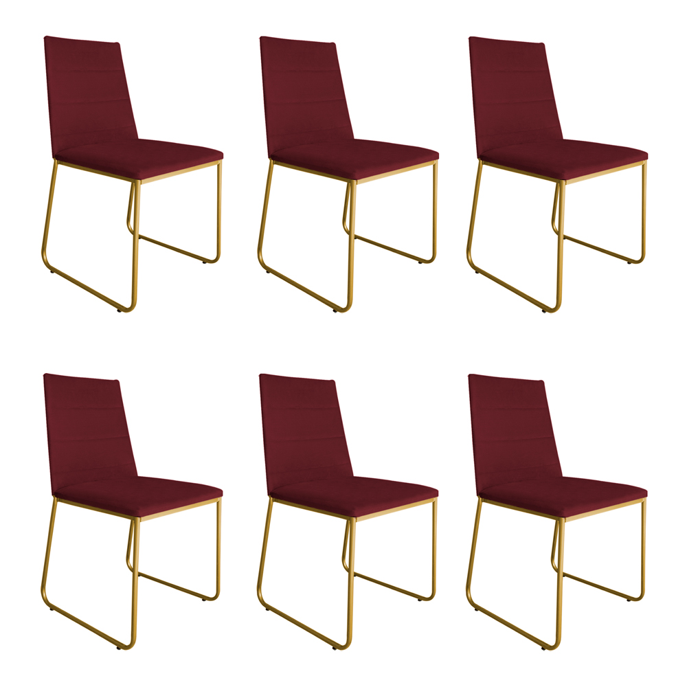 Kit 6 Cadeiras de Jantar Estofada Lille Base Gold Veludo Bordô - Montanaris Decor