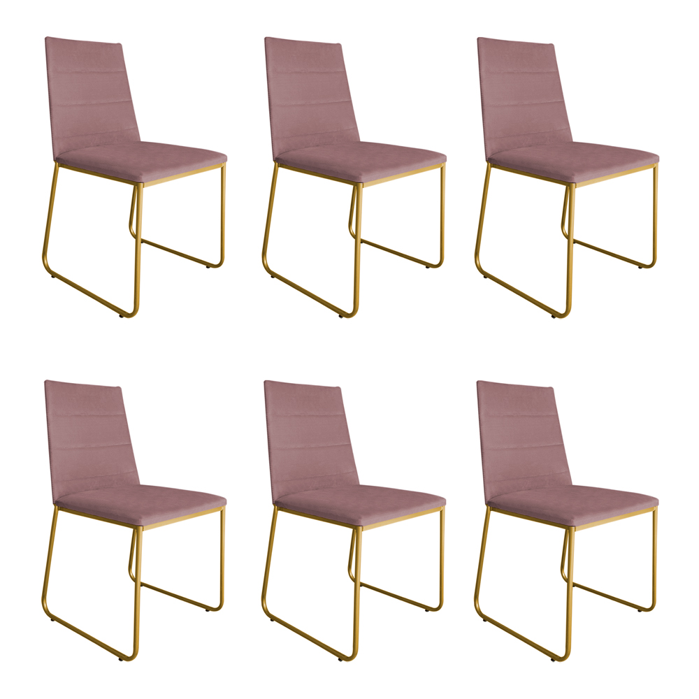 Kit 6 Cadeiras de Jantar Estofada Lille Base Gold Veludo Rosê - Montanaris Decor