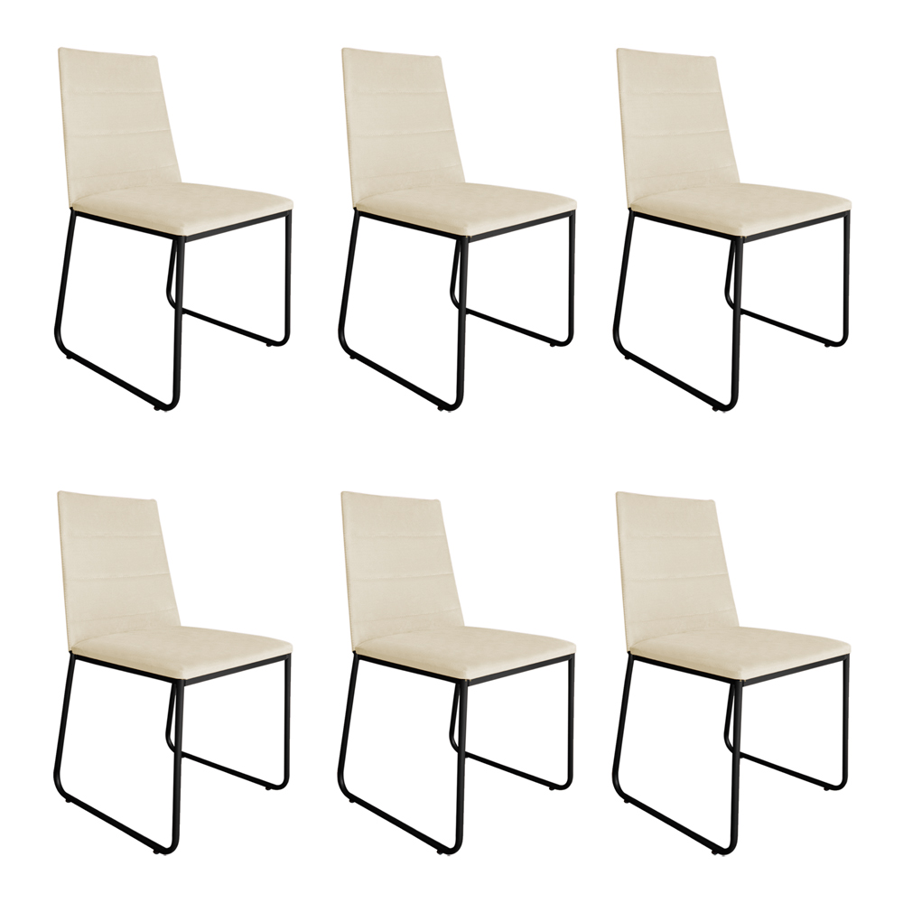 Kit 6 Cadeiras de Jantar Estofada Lille Base Preta Veludo Bege - Montanaris Decor