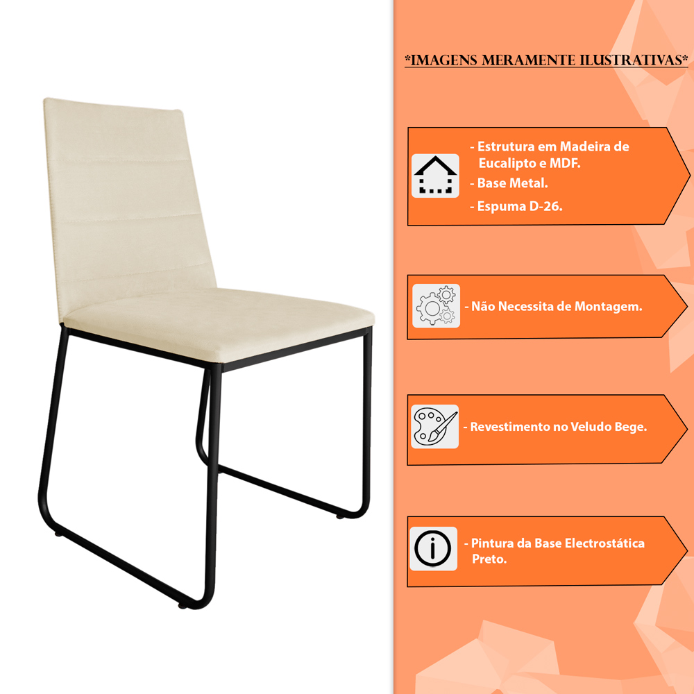 Kit 6 Cadeiras de Jantar Estofada Lille Base Preta Veludo Bege - Montanaris Decor