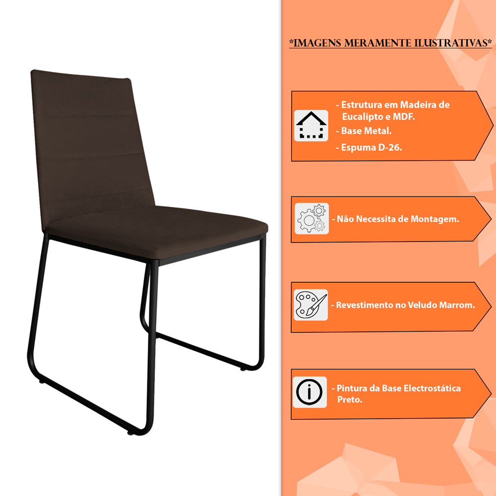 Kit 6 Cadeiras de Jantar Estofada Lille Base Preta Veludo Marrom - Montanaris Decor