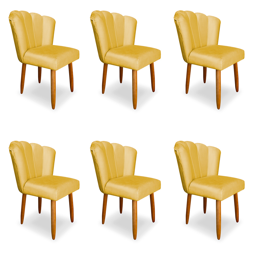 Kit 6 Cadeiras de Jantar Pétala Estofada Pés Palito Veludo Amarelo - Montanaris Decor