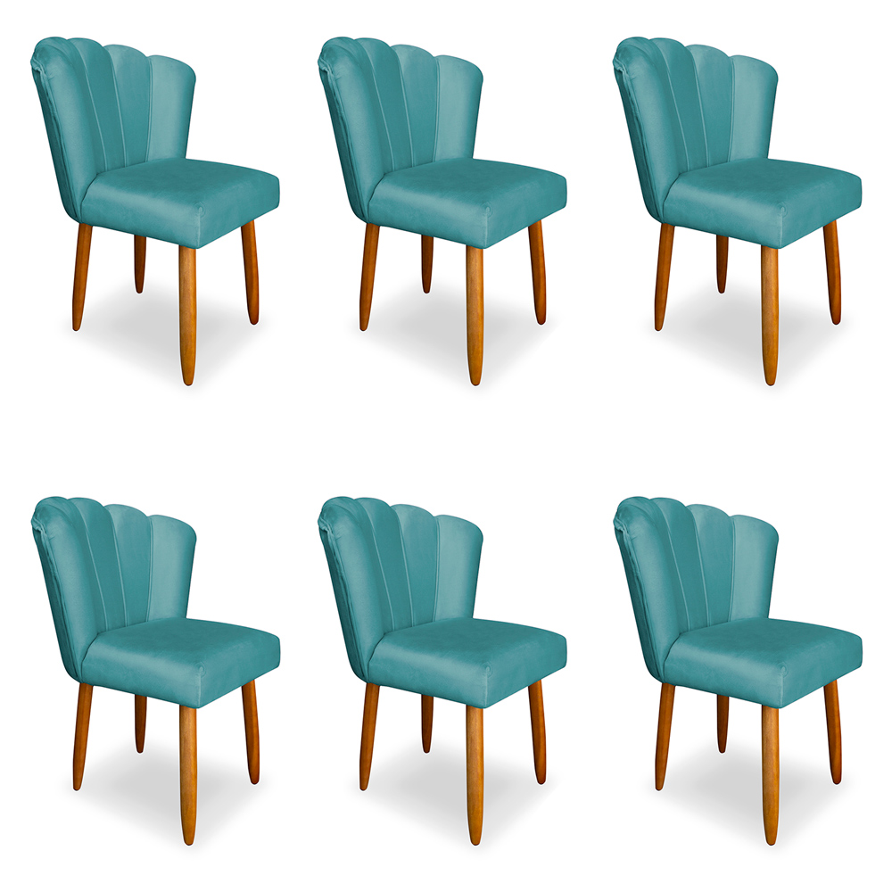 Kit 6 Cadeiras de Jantar Pétala Estofada Pés Palito Veludo Azul Turquesa - Montanaris Decor