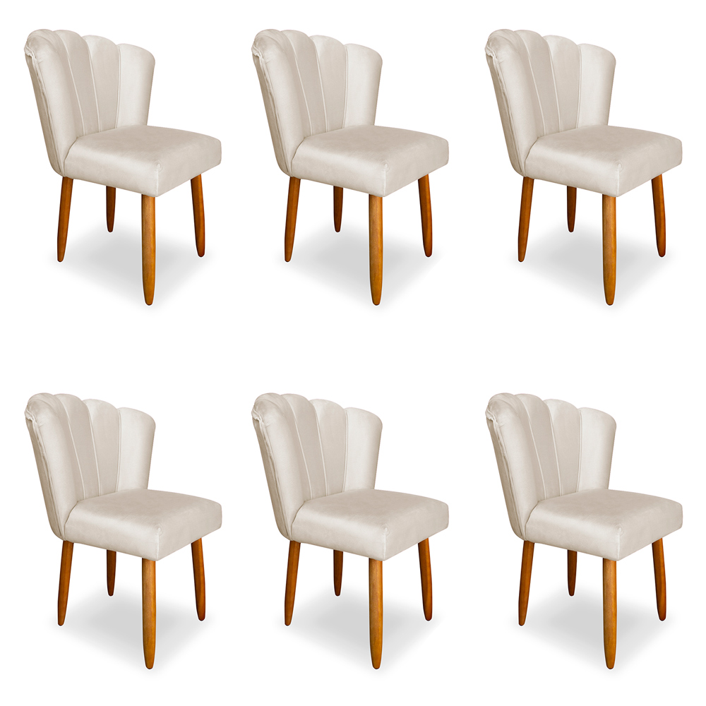 Kit 6 Cadeiras de Jantar Pétala Estofada Pés Palito Veludo Bege - Montanaris Decor
