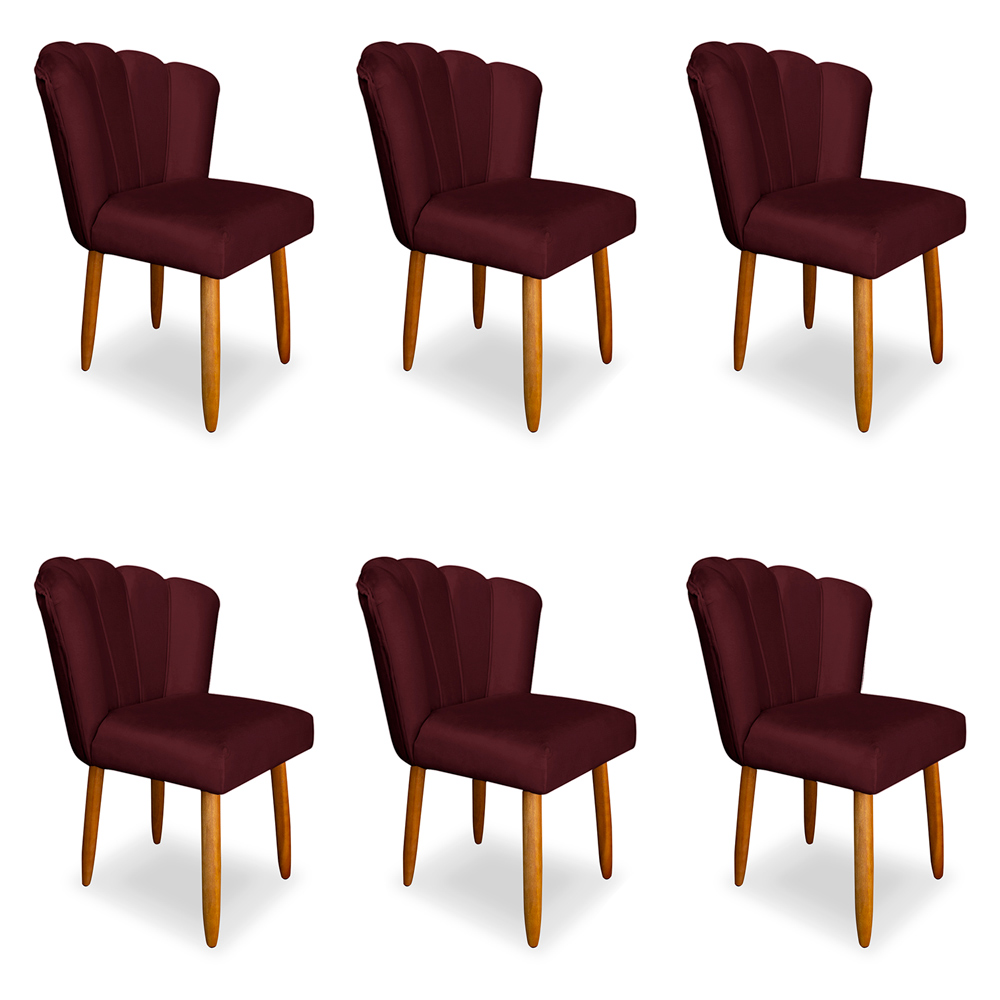 Kit 6 Cadeiras de Jantar Pétala Estofada Pés Palito Veludo Bordô - Montanaris Decor