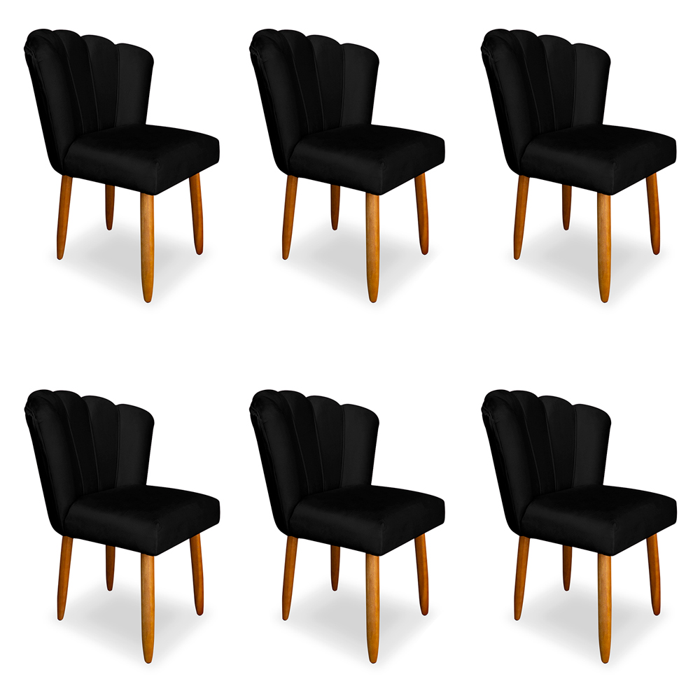Kit 6 Cadeiras de Jantar Pétala Estofada Pés Palito Veludo Preto - Montanaris Decor