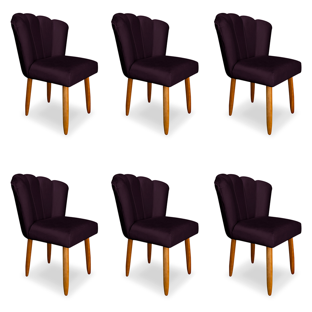 Kit 6 Cadeiras de Jantar Pétala Estofada Pés Palito Veludo Roxo - Montanaris Decor