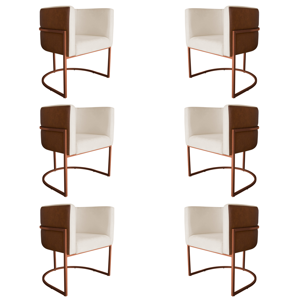 Kit 6 Poltronas Decorativa Cristal Base Bronze Veludo Bege/Pu Caramelo - Montanaris Decor