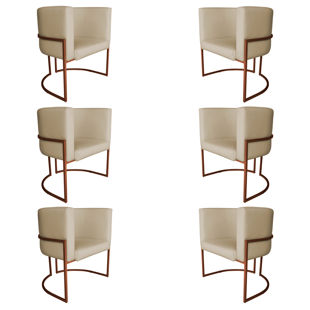 Kit 6 Poltronas Decorativa Luana Base Bronze PU Bege - Montanaris Decor