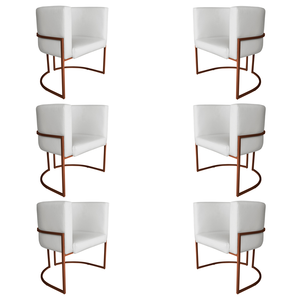 Kit 6 Poltronas Decorativa Luana Base Bronze PU Branco - Montanaris Decor