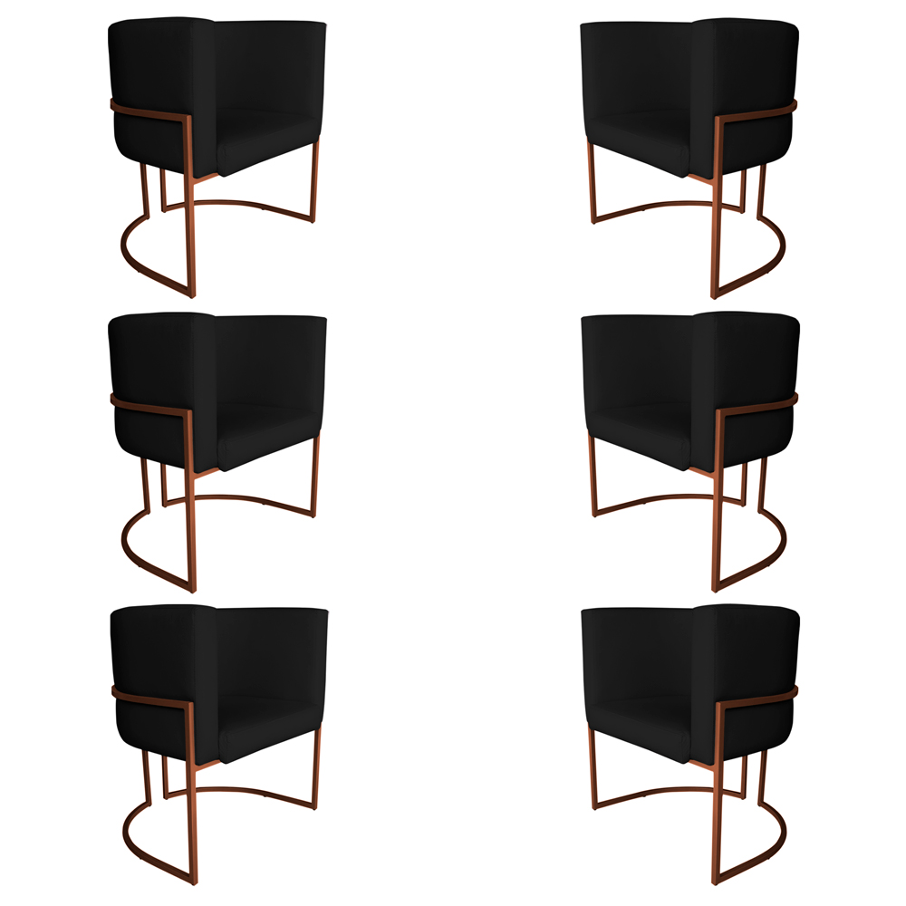 Kit 6 Poltronas Decorativa Luana Base Bronze PU Preto - Montanaris Decor