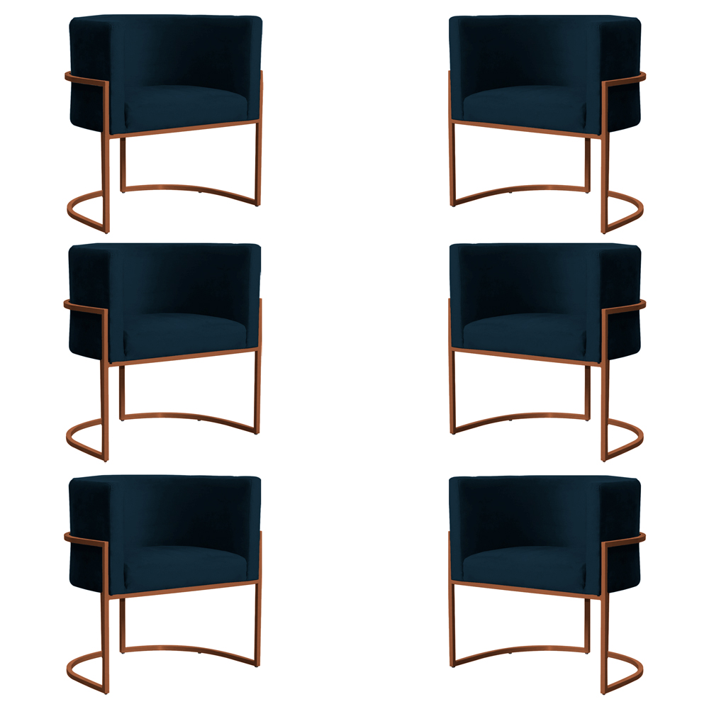 Kit 6 Poltronas Decorativa Luana Base Bronze Veludo Azul Marinho - Montanaris Decor