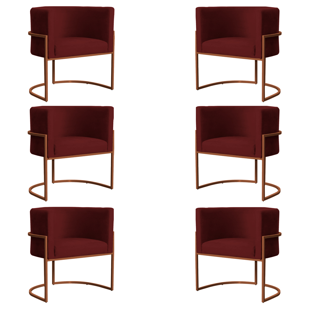Kit 6 Poltronas Decorativa Luana Base Bronze Veludo Bordô - Montanaris Decor