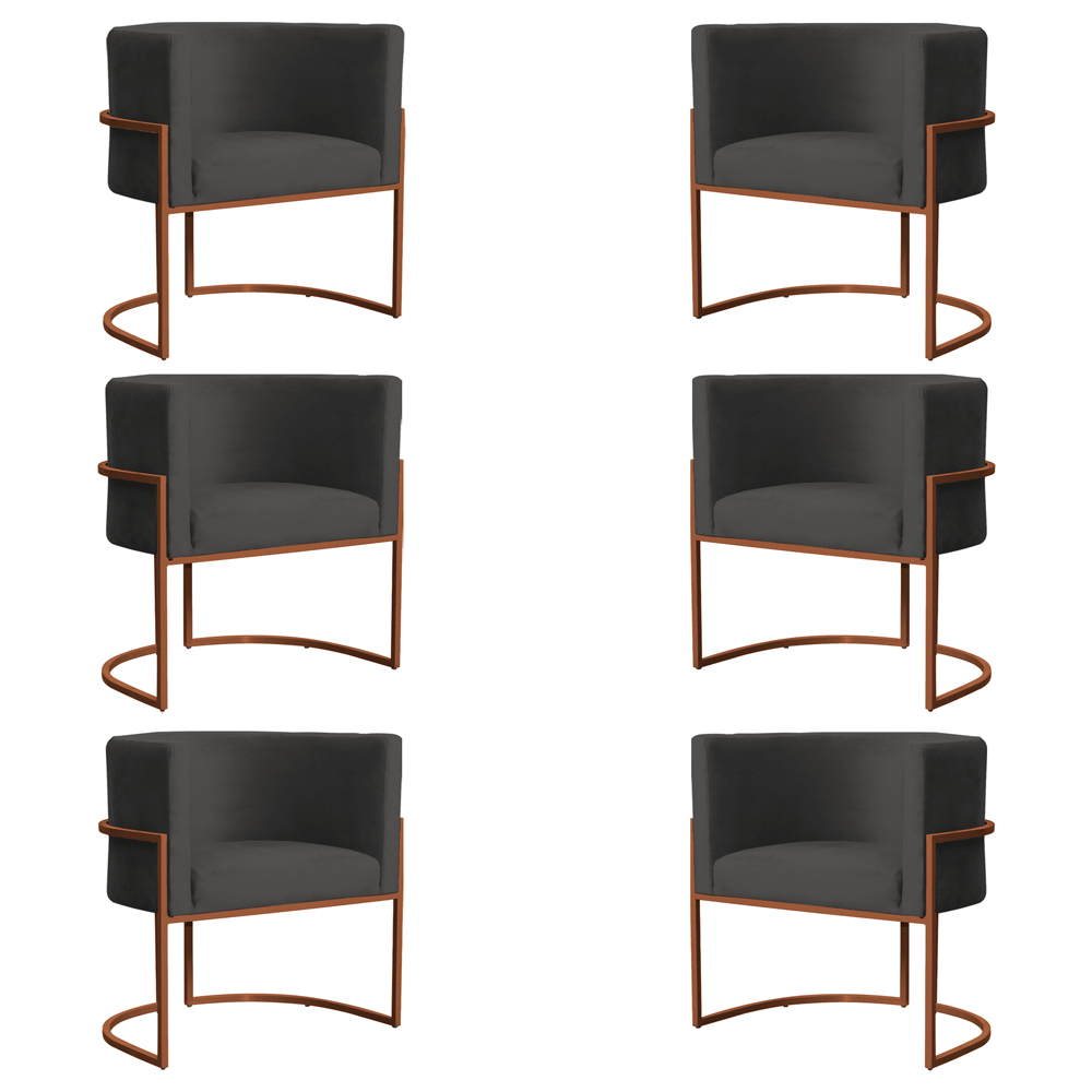 Kit 6 Poltronas Decorativa Luana Base Bronze Veludo Cinza - Montanaris Decor