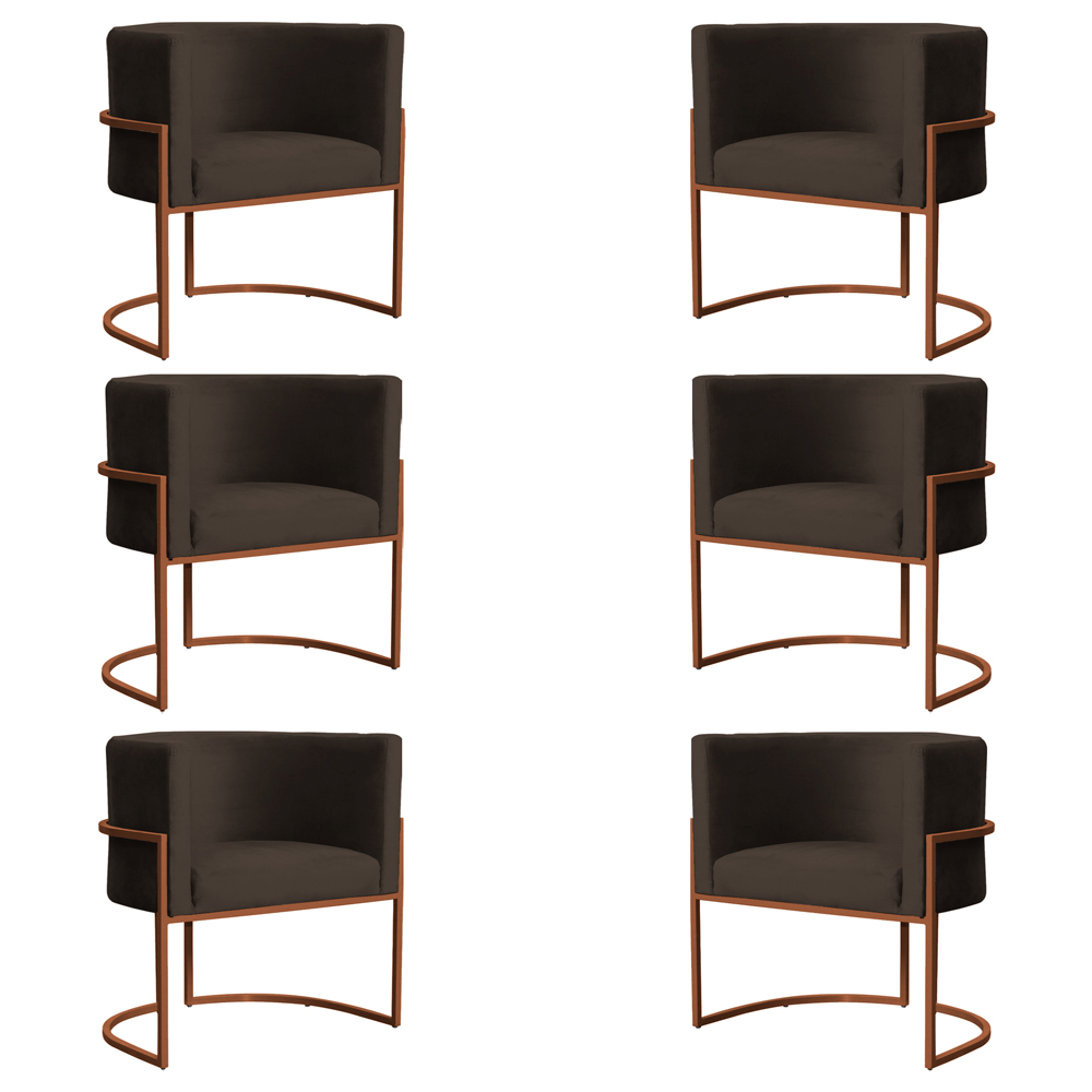Kit 6 Poltronas Decorativa Luana Base Bronze Veludo Marrom - Montanaris Decor