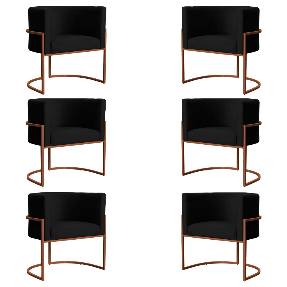Kit 6 Poltronas Decorativa Luana Base Bronze Veludo Preto - Montanaris Decor