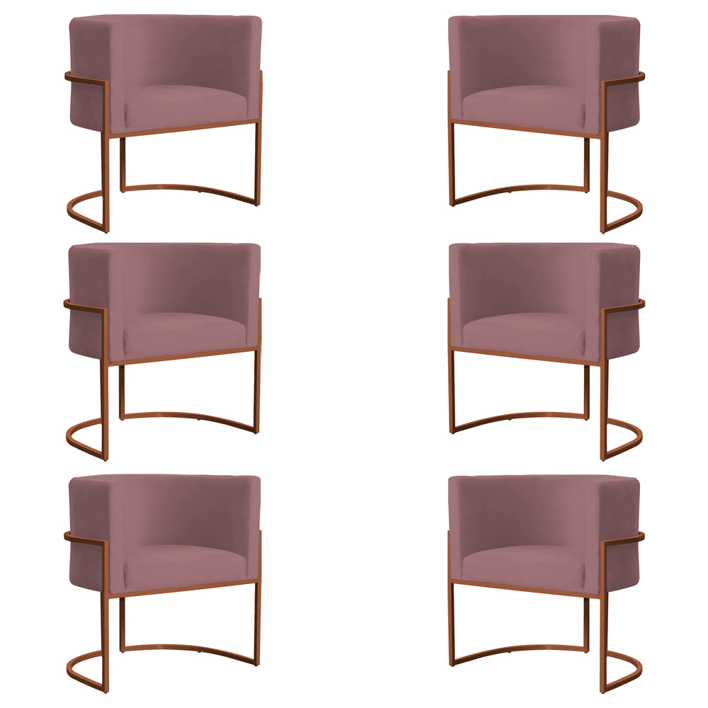 Kit 6 Poltronas Decorativa Luana Base Bronze Veludo Rosê - Montanaris Decor